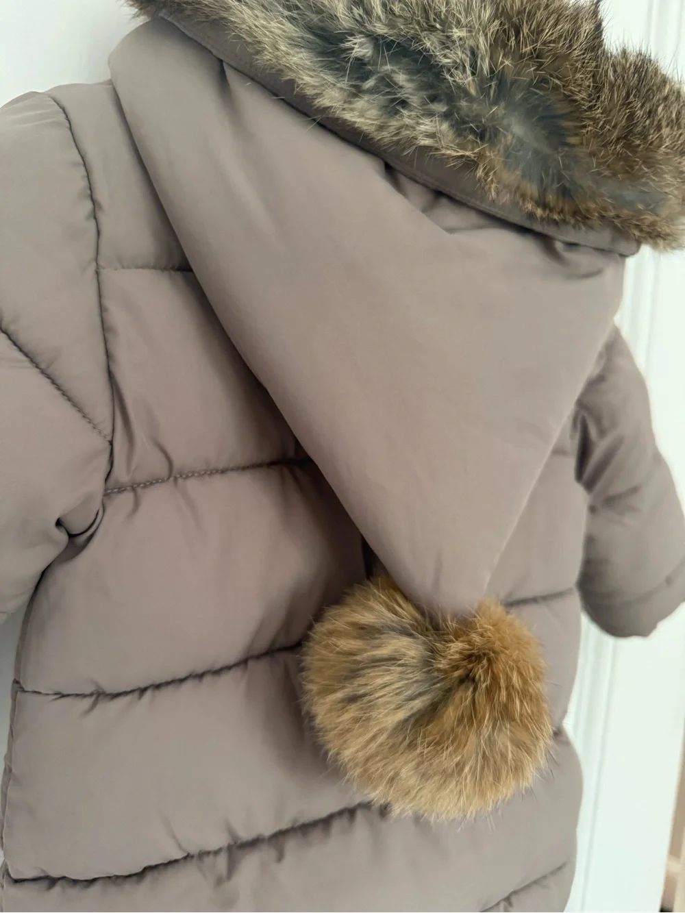 Tartine et Chocolat Taupe Quilted Baby Puffer with Real Fur Trim